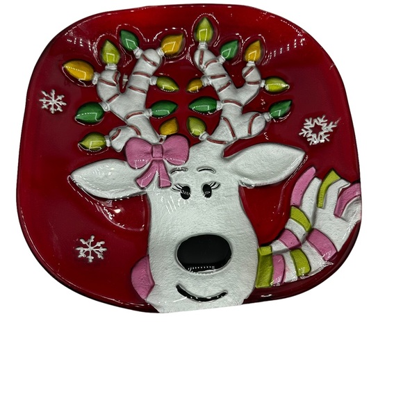 Christmas Rain Deer Platter Plate Artist Fused Painted Glass - Picture 10 of 11